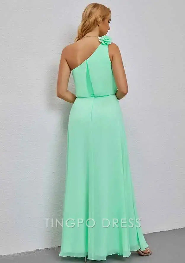 TingPo Wholesale Elegant A-line Empire One-Shoulder Long/Floor-Length Chiffon Bridesmaid Dress With Ruffles Shoulder Flower